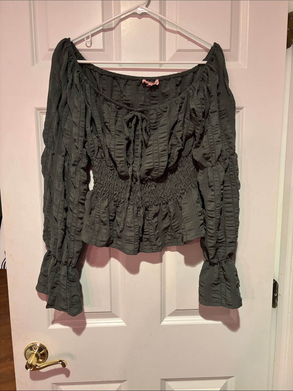 Smocked Olive Green Peasant Blouse with Tie Front